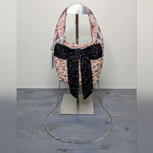 From India To You Beaded Pink Mini Bag with Black Bow Accent And Silver Chain